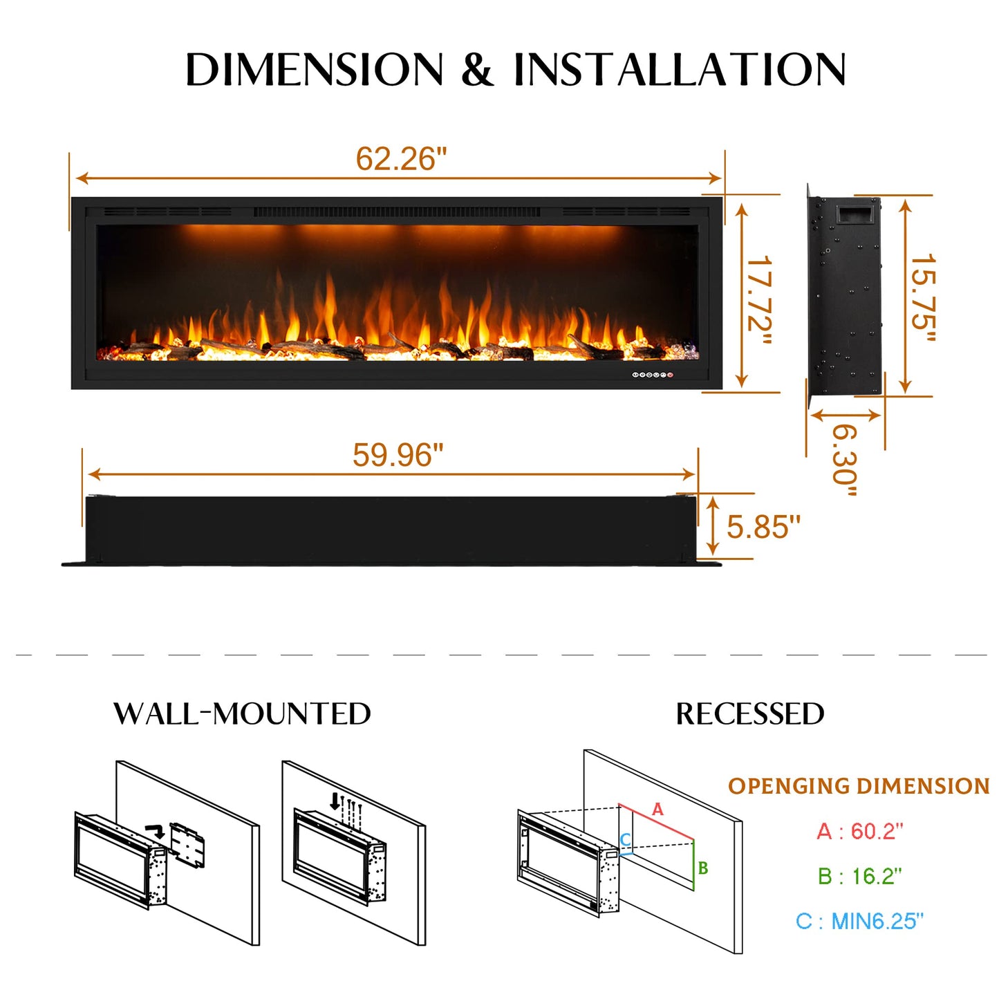 Dreamflame 60 inch Electric Fireplace, Recessed and Wall Mounted Fireplace Heater, 750/1500W Thermostat with Remote Control, Realistic Flame Combinations, Black (60")