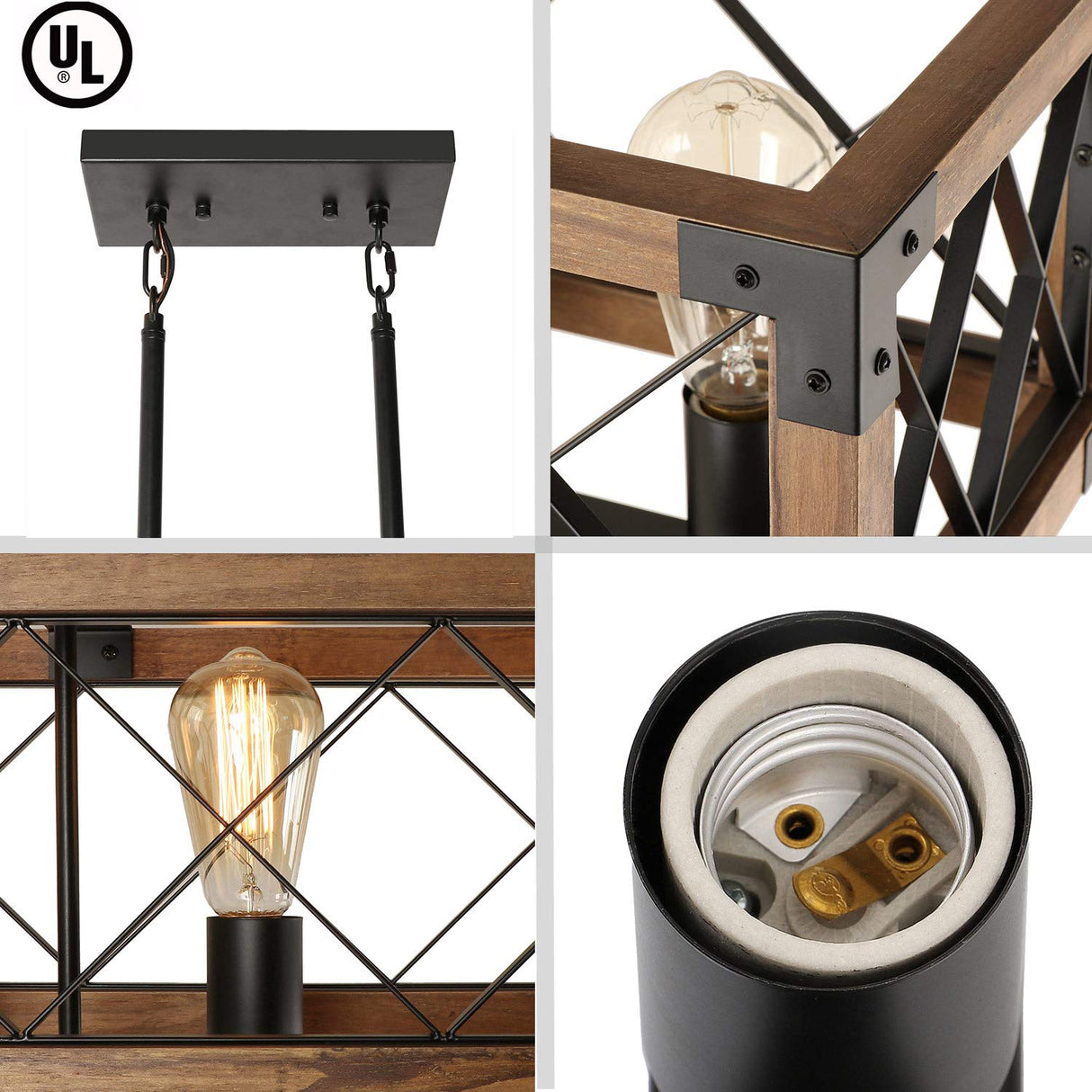 Giluta Rectangle Wood Chandelier Farmhouse Style Dining Room Kitchen Lighting Fixtures, 5 Lights Ceiling Hanging Pendant Lighting UL Listed Giluta
