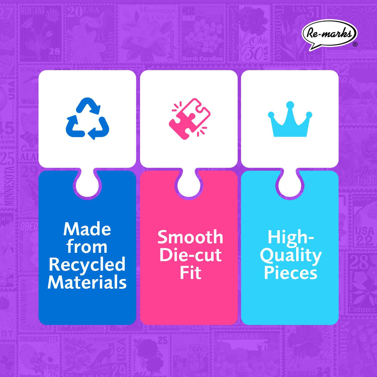 Re-marks State Flowers Stamp Collage Jigsaw Puzzle, 500 Large Piece Jigsaw Puzzle for All Ages Re-Marks