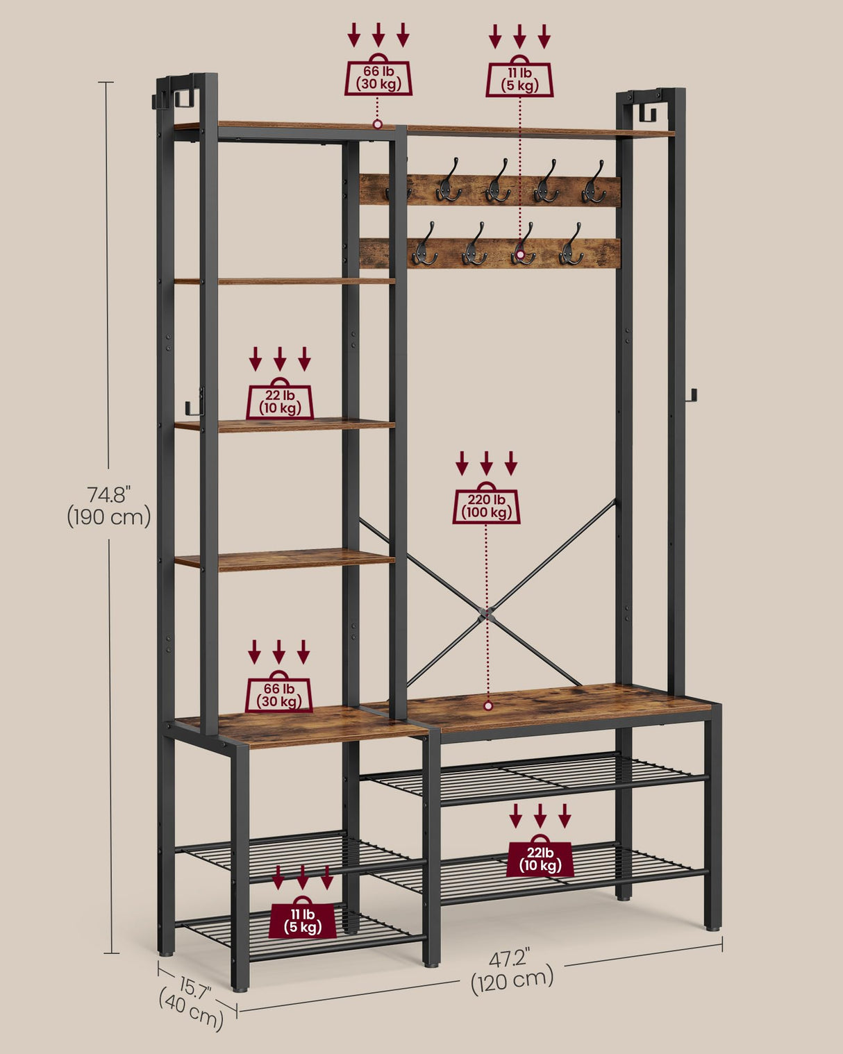 VASAGLE Hall Tree with Bench and Shoe Storage, Entryway Coat Rack with Shoe Bench, 5 Storage Shelves, 9 Coat Hooks, 6 Side Hooks, 15.7 x 47.2 x 74.8 Inches, Rustic Brown and Ink Black UHSR426B01 VASAGLE