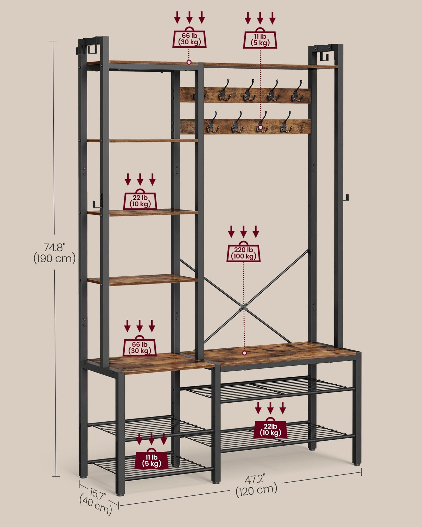 VASAGLE Hall Tree with Bench and Shoe Storage, Entryway Coat Rack with Shoe Bench, 5 Storage Shelves, 9 Coat Hooks, 6 Side Hooks, 15.7 x 47.2 x 74.8 Inches, Rustic Brown and Ink Black UHSR426B01