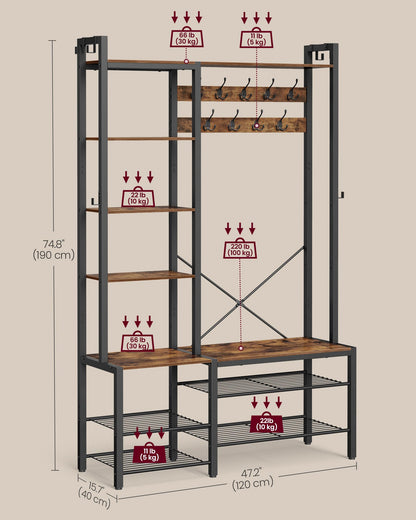 VASAGLE Hall Tree with Bench and Shoe Storage, Entryway Coat Rack with Shoe Bench, 5 Storage Shelves, 9 Coat Hooks, 6 Side Hooks, 15.7 x 47.2 x 74.8 Inches, Rustic Brown and Ink Black UHSR426B01