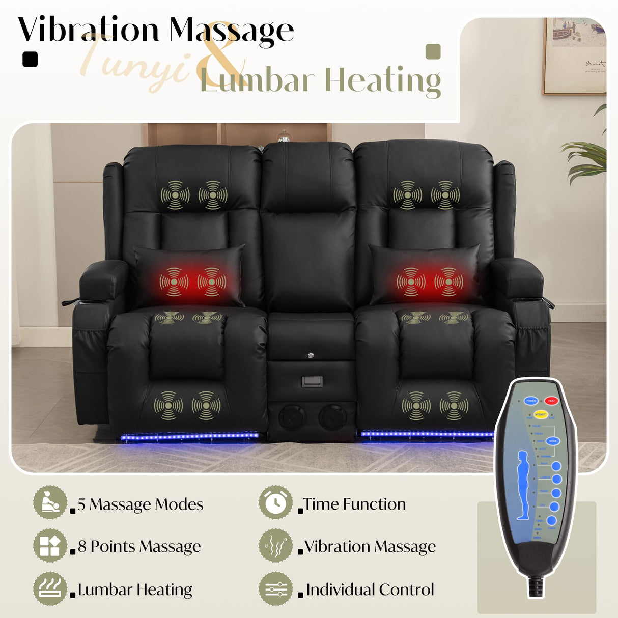 TUNYI Power Loveseat Recliner Sofa, Faux Leather Reclining Sofa with Console RV Reclining Loveseat Couch with USB/Outlet/Storage/Side Pocket/LED Light/Speaker (Black, Loveseat) TUNYI