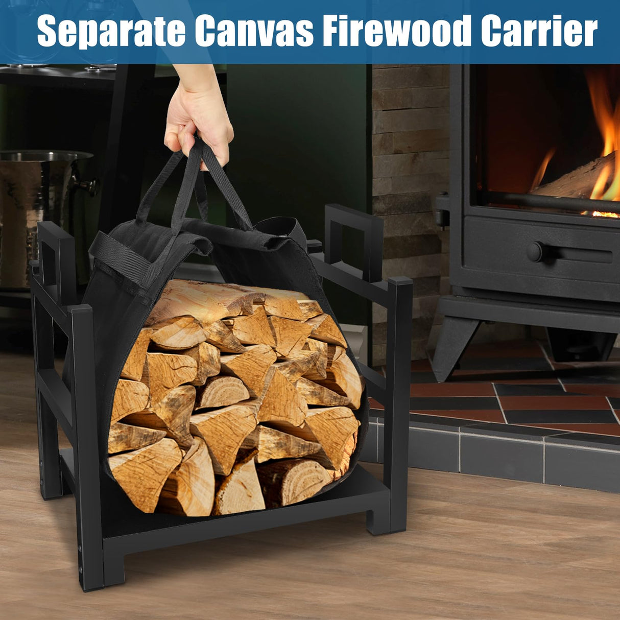 MOFEEZ Firewood Rack Log Holder Indoor with Wood Carrier, Powder-coated Steel Made, Up-loaded to 110lb, 18inch(L) x 13inch(W) x 17inch(H) MOFEEZ