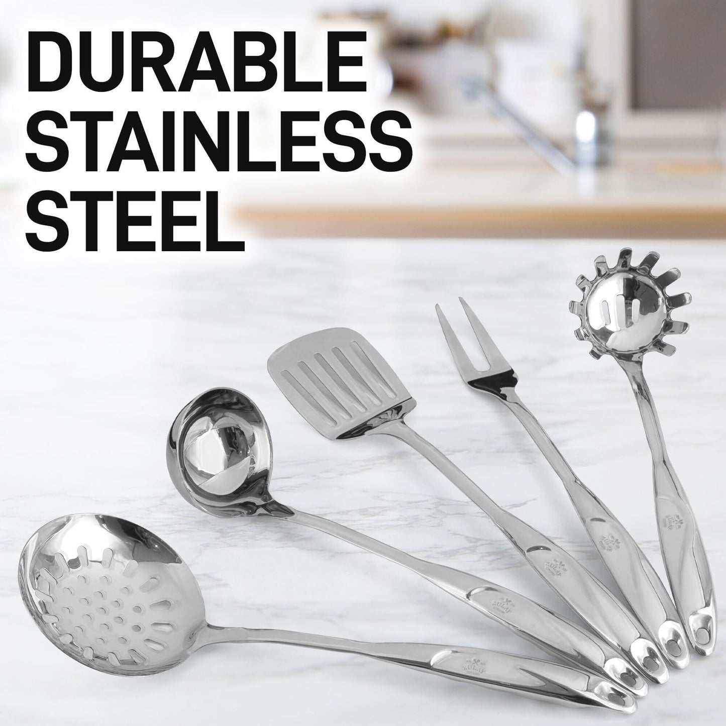 Zulay Kitchen Stainless Steel Cooking Utensil - Stainless Steel Kitchen Utensil - Durable Kitchen Gadgets - Metal Kitchen Accessories - Easy to Clean Kitchen Tools - 5 Piece Set