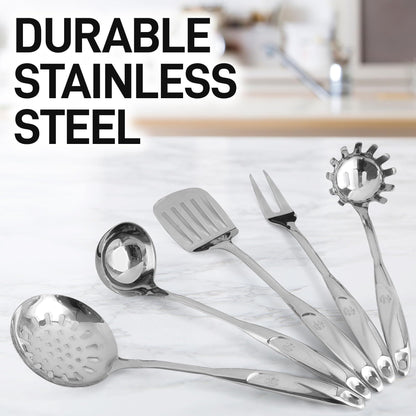 Zulay Kitchen Stainless Steel Cooking Utensil - Stainless Steel Kitchen Utensil - Durable Kitchen Gadgets - Metal Kitchen Accessories - Easy to Clean Kitchen Tools - 5 Piece Set