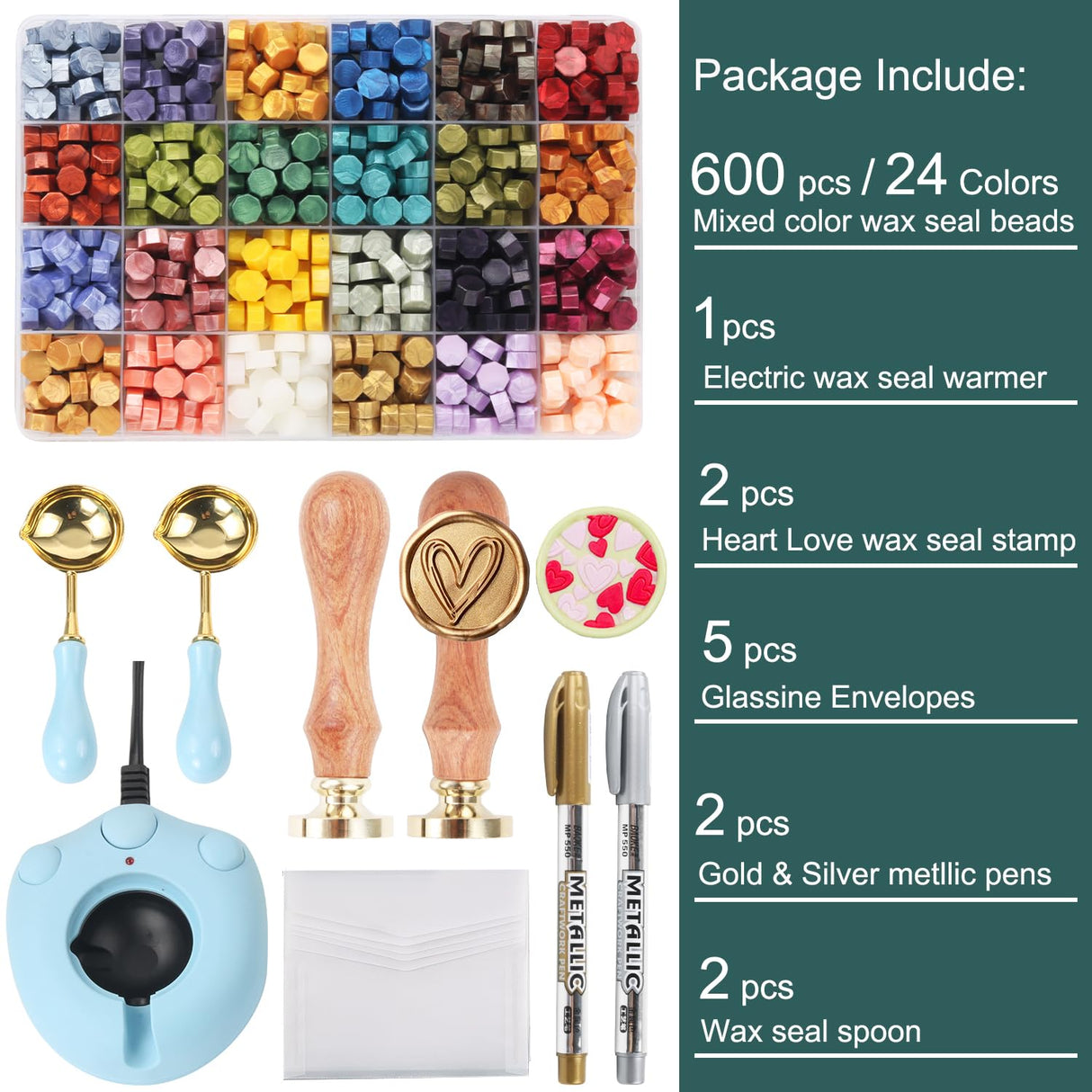 Wax Seal Stamp Kit with 24 Colors Wax Seal Beads 600pcs, WASOHLING 2PCS Love Heart Wax Seal Stamps with Electric Sealing Wax Warmer Set, Envelopes and Wax Seal Metallic Pen for Letter Sealing WASOHLING