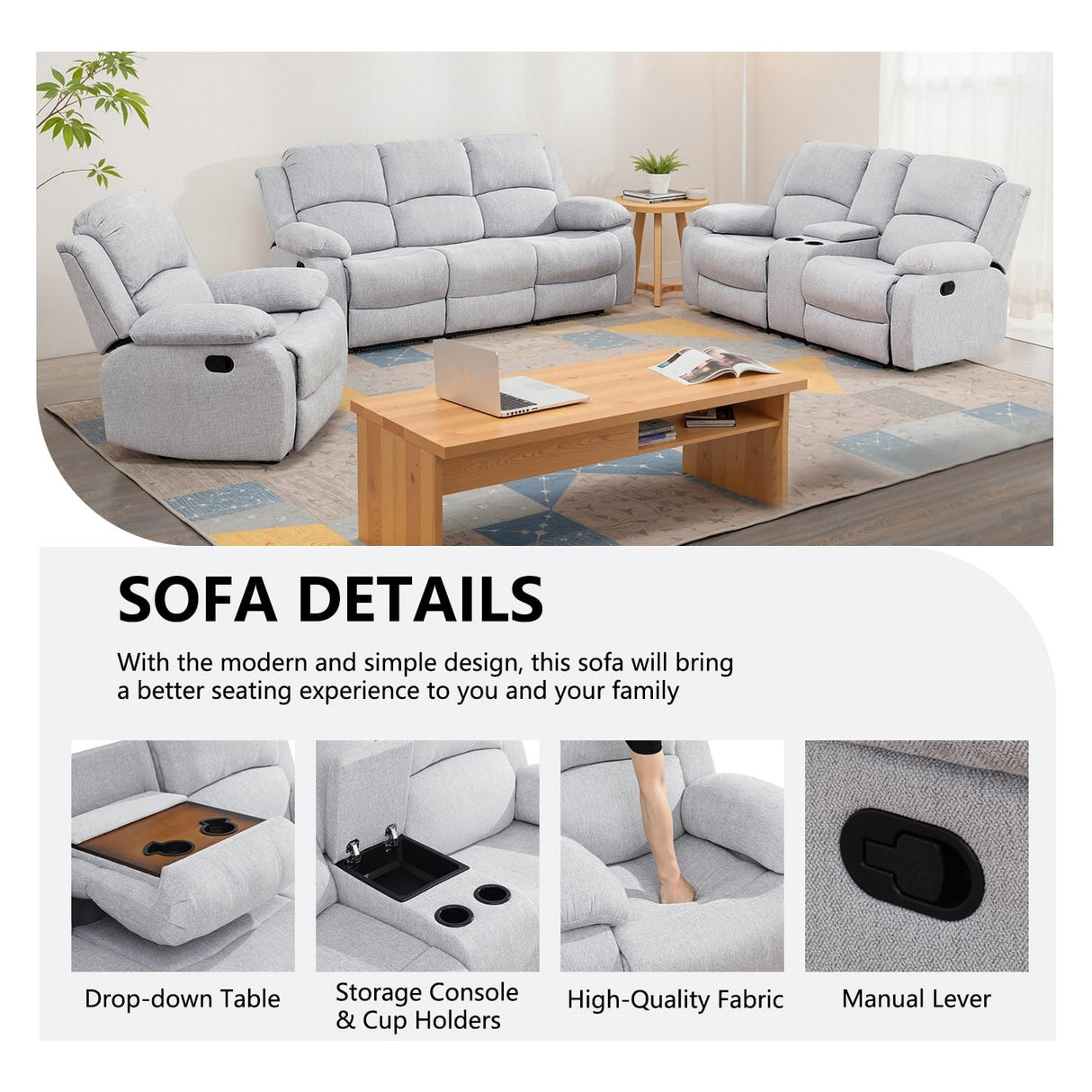 Manual Recliner Sofa Set,Microfiber Reclining Couch Set,Modern Living Room Furniture Set,Reclining Sofa Couch Chair for Living Room Home Office(Grey/White,3 Pieces Set) Pon Living Furniture Inc