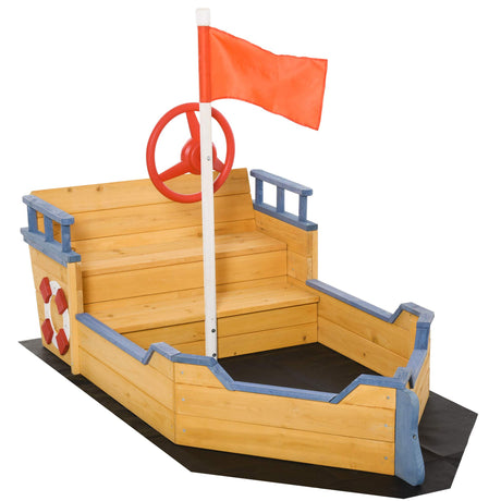 Outsunny Wooden Kids Pirate Sandbox, Outdoor Sandboat with Bench Seats, Storage, Non-Woven Fabric Cloth for Backyard, Lawn Outsunny