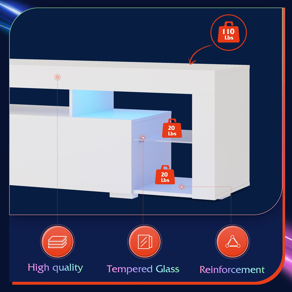 WLIVE LED TV Stand for 55/60/65/70 Inch TV, Modern Entertainment Center with Open Shelves, Wood TV Console with 2 Storage Drawers for Bedroom, Living Room, Gaming Media Stand with Display Glass, White WLIVE