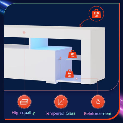 WLIVE LED TV Stand for 55/60/65/70 Inch TV, Modern Entertainment Center with Open Shelves, Wood TV Console with 2 Storage Drawers for Bedroom, Living Room, Gaming Media Stand with Display Glass, White