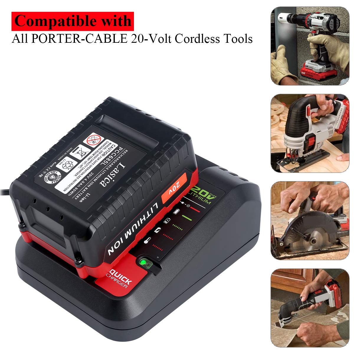 Lasica 20V Max Charger Compatible with Black & Decker 20V Battery and Compatible with Porter-Cable 20V Battery LBXR20 LBXR2020 PCC681L PCC685L PCC692L BDCAC202B 20-Volt Power Tool Battery Cha - WoodArtSupply