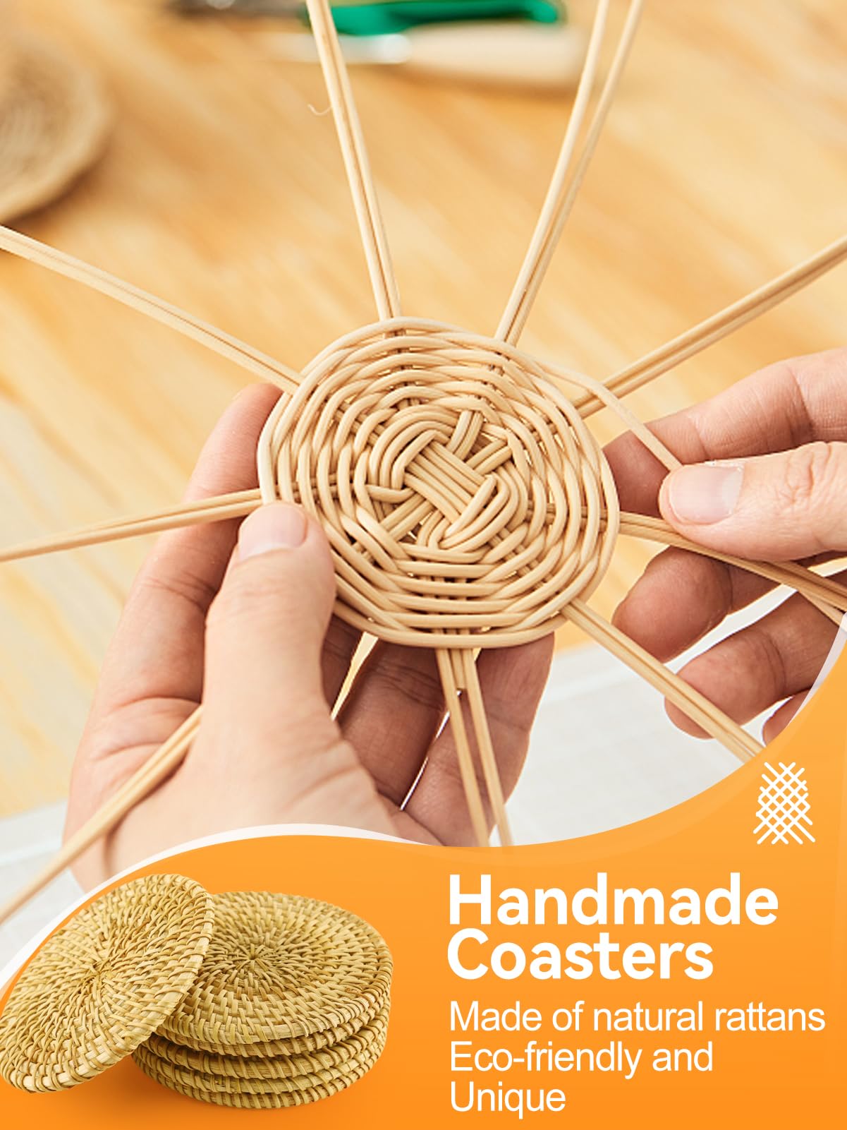 6pcs Handmade Rattan Coasters with Holder, Natural Wicker Boho Coasters Set, Heat-resistant Drink Coasters for Coffee Table Housewarming Gifts Hot Drinking Home Decor Protecting Table ANPHSIN