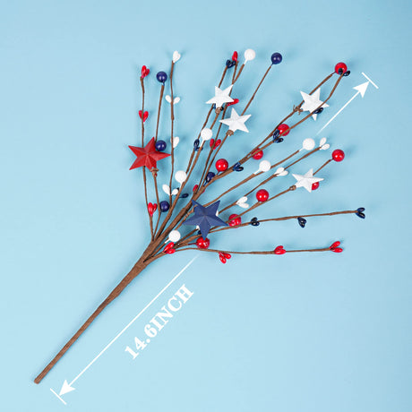 Shitailu 4 Pack Patriotic Artificial Berry Stem Picks White Blue Red Stars for 4th of July Independence Day, Pentagram Faux Berry Branches Decoration for Home Office Restaurant Vase Décor Shitailu