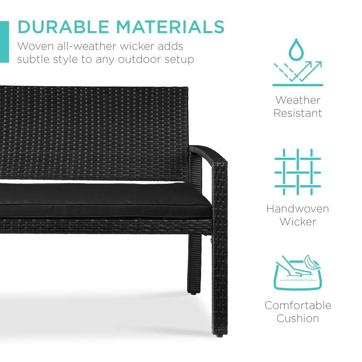 Best Choice Products Outdoor Bench 2-Person Wicker Garden Patio Benches Seating Furniture for Backyard, Porch w/Seat Cushion, 700lb Capacity - Black/Black Best Choice Products