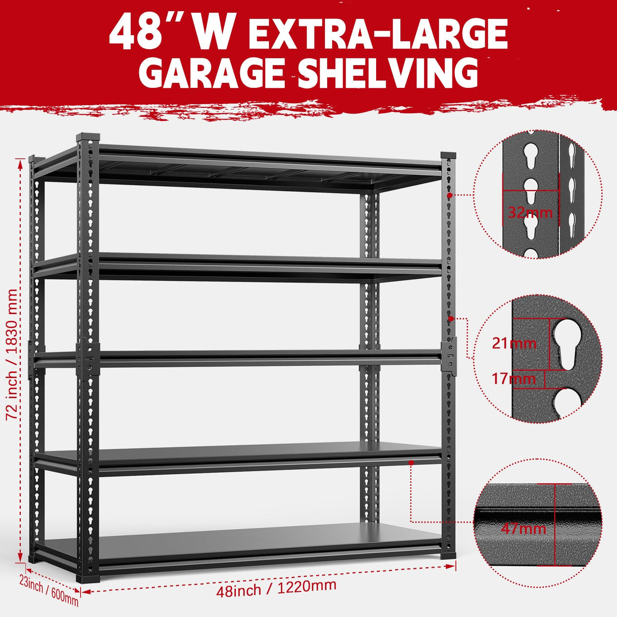 Lauxery Garage Shelving, 48" Wide 5-Tier 3000lbs, Boltless Assembly, Adjustable Large Garage Storage Shelves, 48" W x 24" D x 72" H Heavy Duty Storage Rack Lauxery
