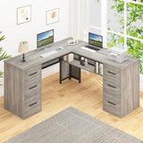 HSH Large L Shaped Desk with Storage File Cabinet，Corner L-Shaped Computer Desk with Drawers Shelves, Home Office Bedroom Metal Wood Study Writing Table Executive Workstation, Light Grey Oak, 59 Inch HSH