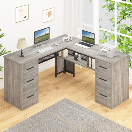 HSH Large L Shaped Desk with Storage File Cabinet，Corner L-Shaped Computer Desk with Drawers Shelves, Home Office Bedroom Metal Wood Study Writing Table Executive Workstation, Light Grey Oak, 59 Inch HSH
