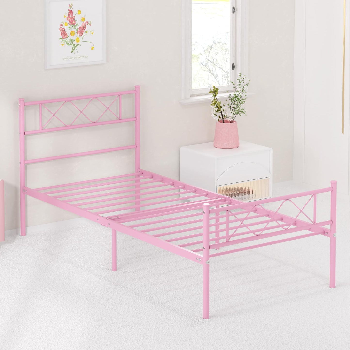 Weehom Twin Bed Frame, Metal Platform Bed Frame with Storage Bed for Kids Girls with Headboard Footboard No Box Spring Needed Pink