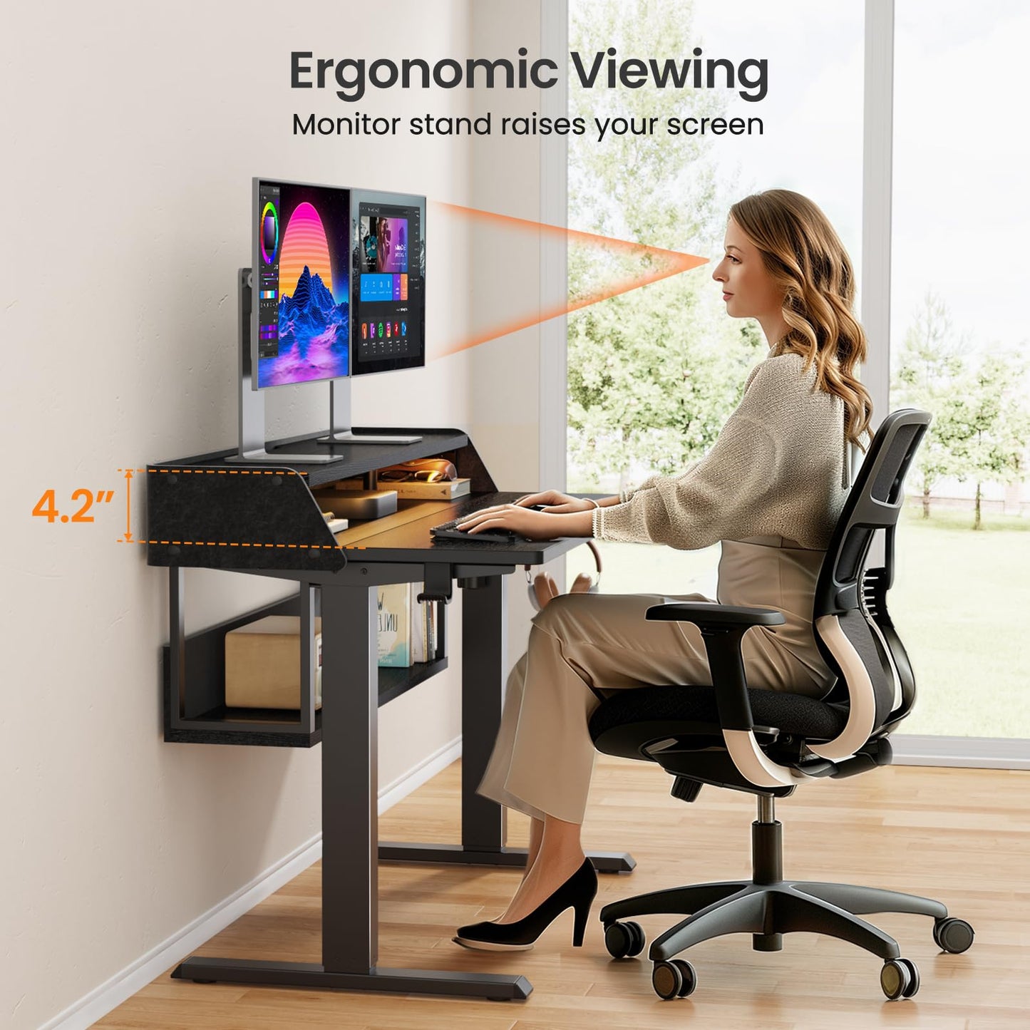 ErGear Adjustable Electric Standing Desk with Bookshelf & RGB Monitor Stand - WoodArtSupply