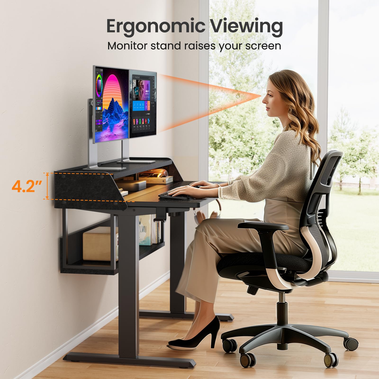 ErGear Adjustable Electric Standing Desk with Bookshelf & LED Lighting, 48x24 Inch Ergonomic Sit-Stand Desk for Home Office - WoodArtSupply