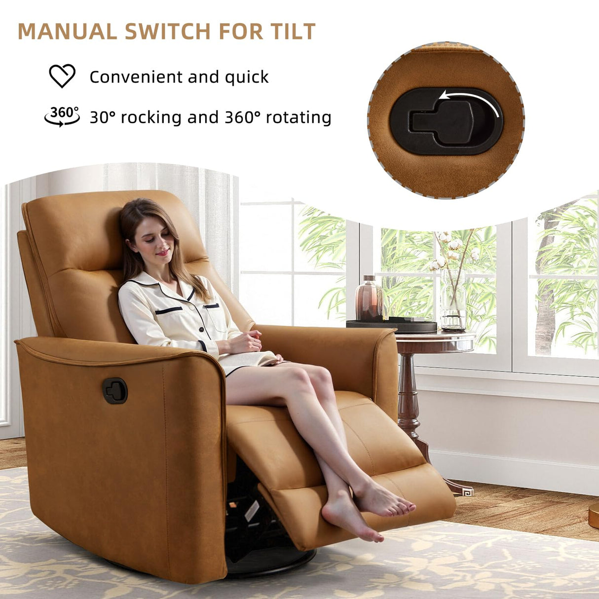 Manual Recliner Sofa Furniture Set for Living Room, Included Leathaire Nursing Chairs Swivel Glider Recliners, Wall-Hugger 3 Seat Reclining Loveseat, Modern 3-Seater Reclining Sofa Couch, Brown, 1+3 INZOY