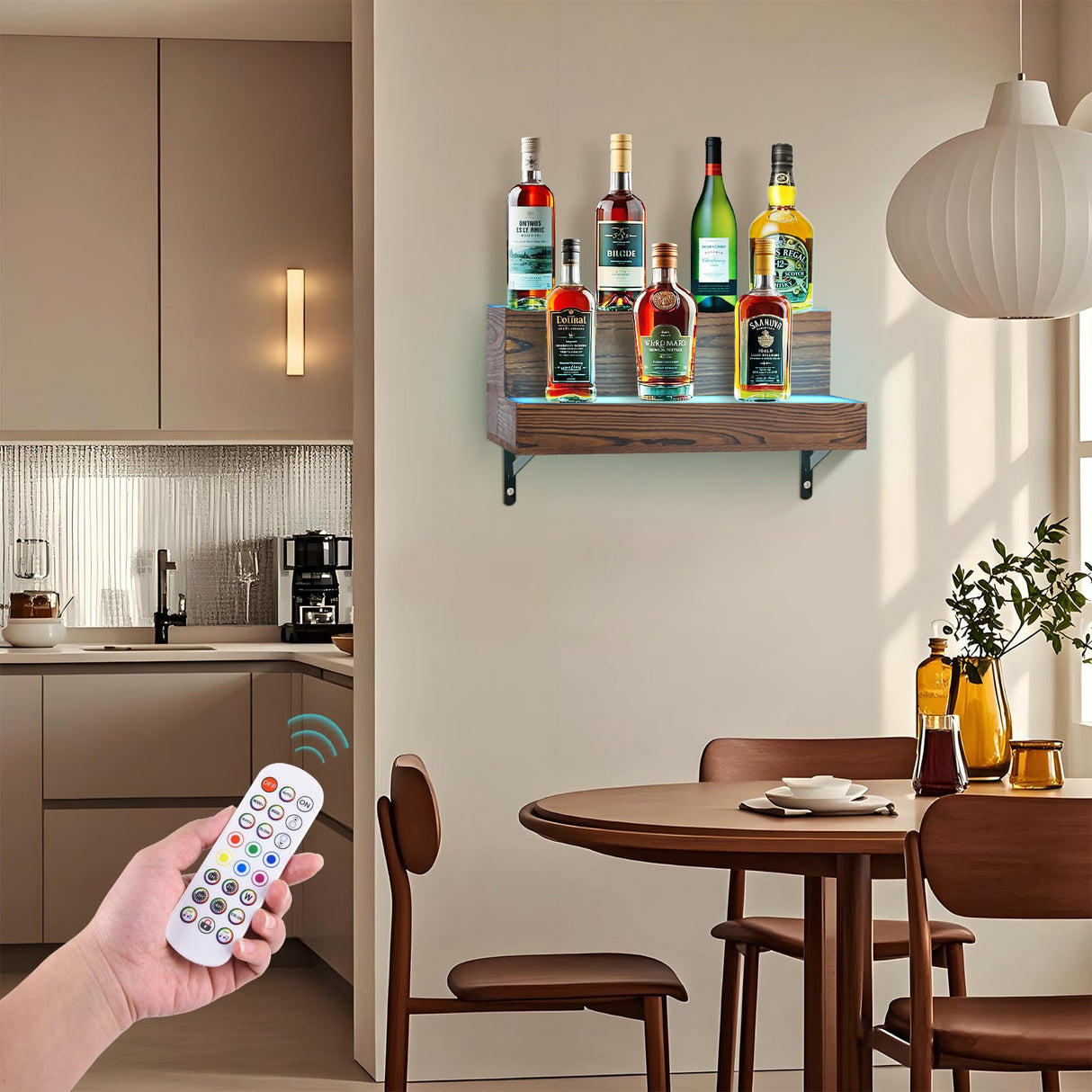 Wine Rack with LED Light Liquor Bottle Display Shelf Wall Mounted, 2 Tier Acrylic Illuminated Bar Bottle Display Floating Shelf for Home Commercial Bar Party BEARUT