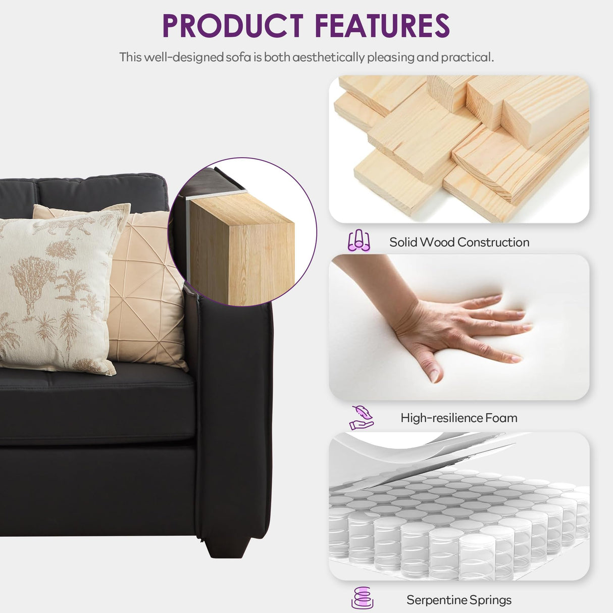 TYBOATLE 65" Black Faux Leather Sofa Couches for Living Room, Mid-Century Modern Tufted Comfy Small Loveseat w/USB Charging Ports and Wide Arms, 2 Seater Office Small Couch for Small Space Bedroom TYBOATLE