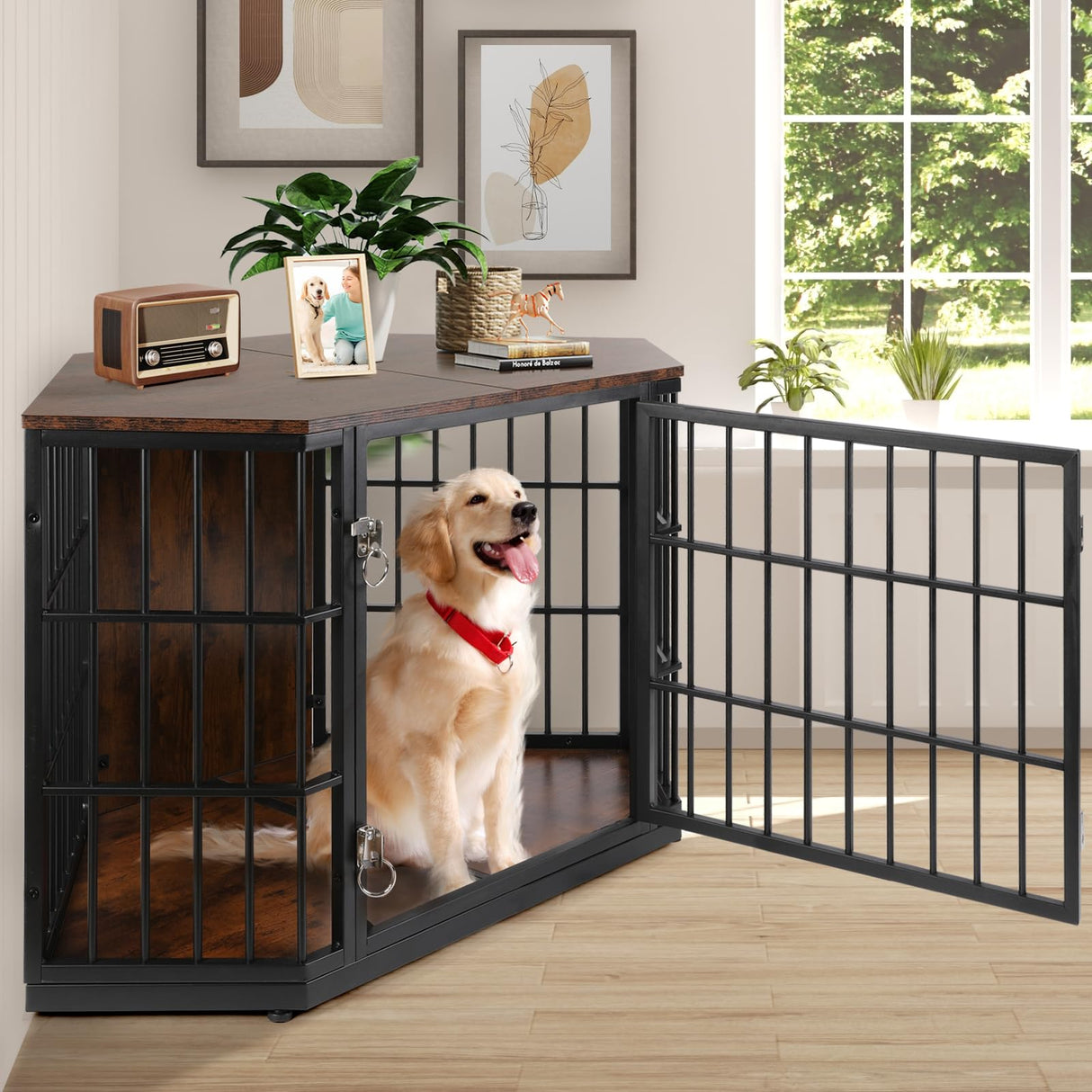 VOWNER 52 Inch Dog Crate Furniture Corner, Wooden Dog Kennel Furniture, End Table Dog Crate for Large Dogs, Indoor Pet Crates Corner Side Table for Dogs, Wide Top Perfect for Limited Room, Brown VOWNER
