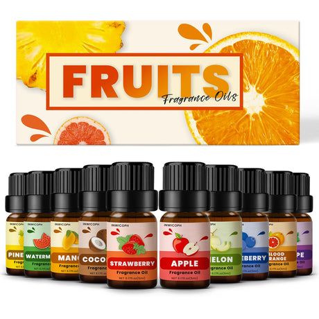 Fruity Fragrance Oil for Candle & Soap Making, INWICOPH Premium Essential Oils 5ml x 10 - Blueberry, Strawberry, Mango, Blood Orange, Essential Oil Diffusers for Home INWICOPH