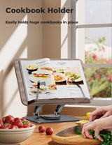 Tounee Book Stand for Reading, Adjustable Book Holder with 360° Swivel Base, Foldable Cookbook Stand Recipe Book Holder with Elastic Page Clips for Music Scores, Recipe, Tablet, Laptop-Gray tounee