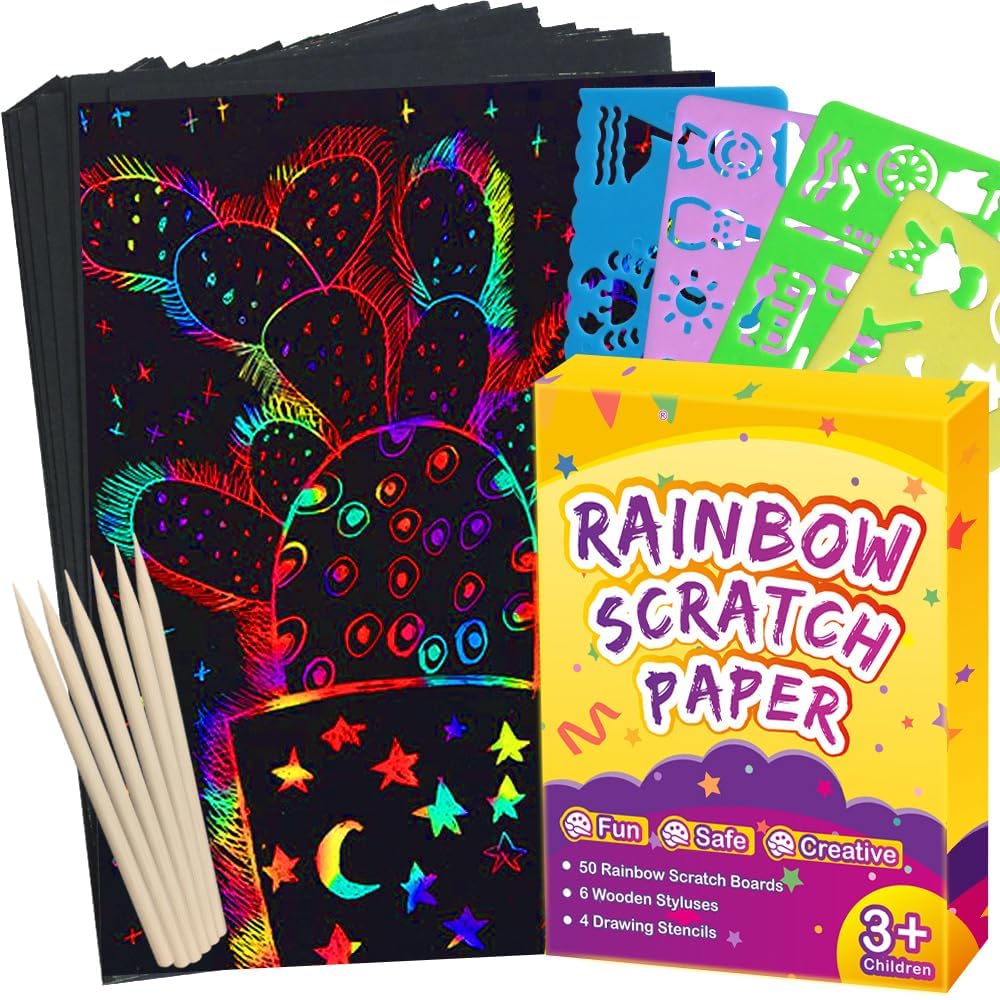 FUNNYB&G Rainbow Scratch Paper Art for Kids - 60 Pcs Magic Rainbow Scratch Paper Off Set Scratch Crafts Arts Supplies Kits Pads Sheets for Party Games Christmas Birthday Easter Gifts FUNNYB&G