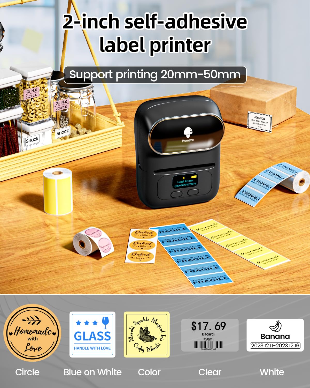 Phomemo Label Maker - M110 Address Label Printer Bluetooth Thermal Printer for Business, Office, School, Home-use, Barcode, Logo, Clothing Label, with 3 Label, Black