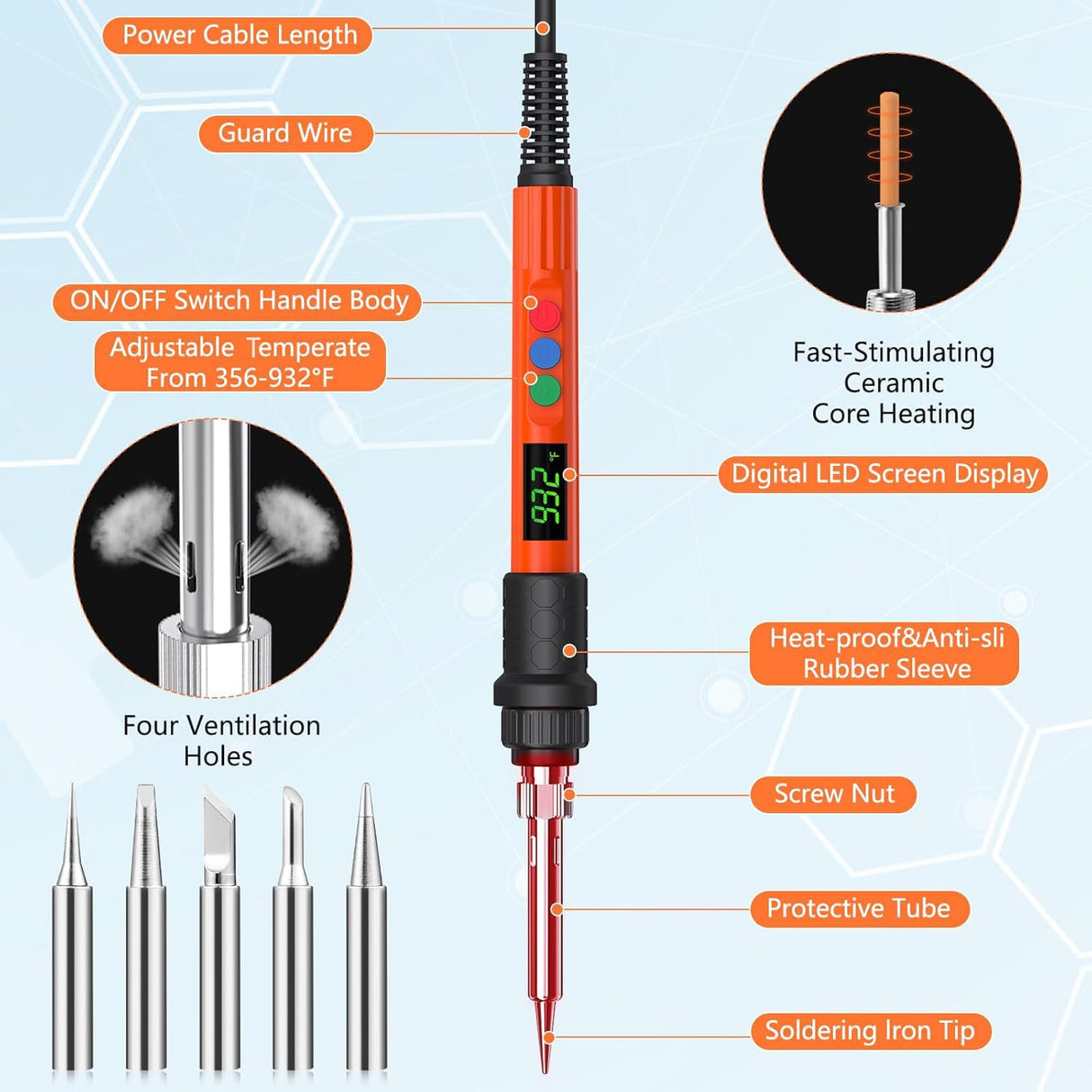 Soldering Iron Kit, 120W LED Digital Advanced Solder Iron Soldering Gun kit, 110V Welding Tools, Smart Temperature Control [356℉-932℉], Extra 5pcs Tips, Auto Sleep, Temp Calibration, Orange Q-MING