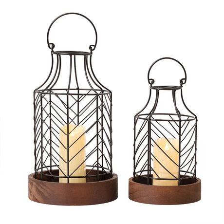 Set of 2 Rustic Farmhouse Lanterns Decorative Indoor, Vintage Candle Lantern Holder with Wooden Base, Black Metal Decorative Lanterns for Home Decor, Outdoor, Indoor, Living Room, Kitchen Dining Table CaliDecor