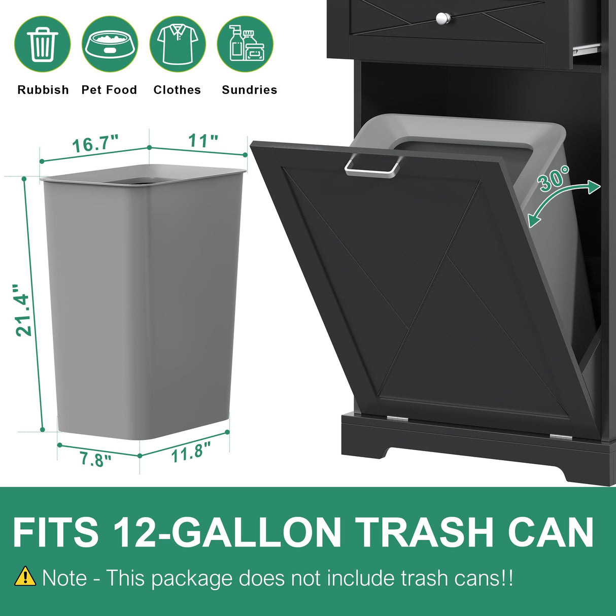 Tilt Out Laundry Hamper Cabinet with Drawer, Tilt Out Trash Can Cabinet 12 Gallon, Kitchen Island with Trash Can Cabinet, Trash Garbage Can Bin Cabinet for Laundry Room, Kitchen (Black, single door) Jehiatek
