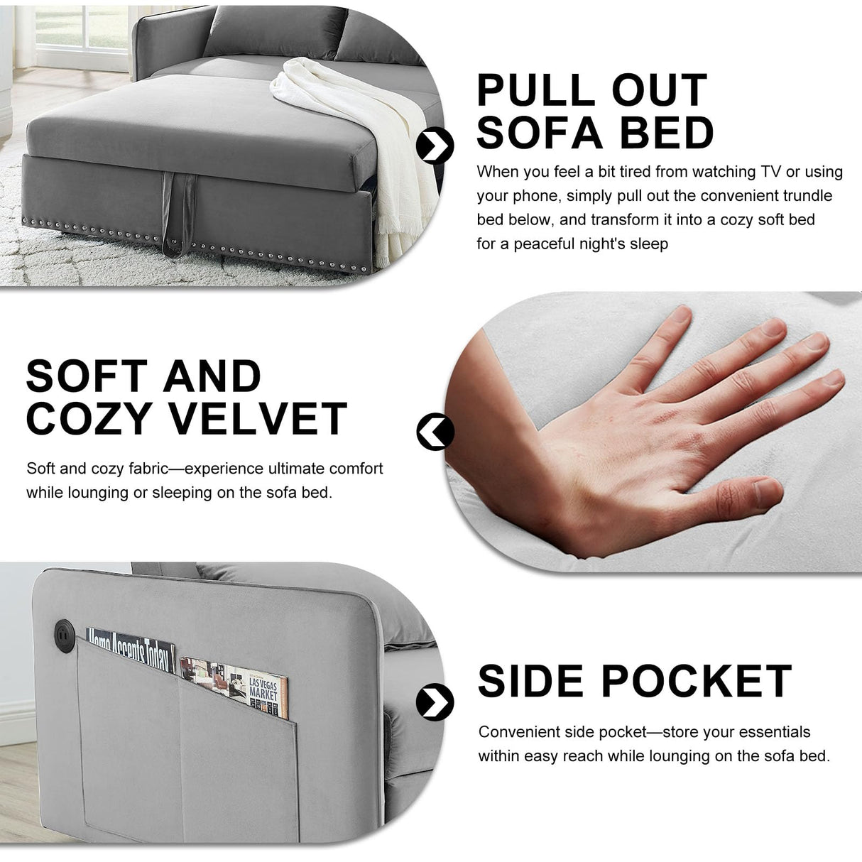 howcool 3 in 1 Convertible Sleeper Futon Sofa Bed, 55" Velvet Small Loveseat Lounge Couches with 2 Pillows, Reclining Backrest, USB Ports & Side Pockets for Living Room, Pull-Out Couch, Light Grey howcool