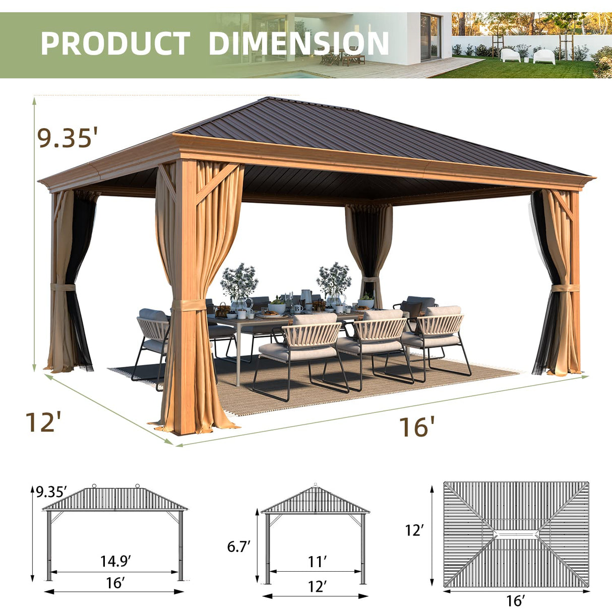 YOLENY 12' x 16' Hardtop Gazebo Metal Gazebo with Faux Wood Grain Aluminum Frame, Galvanized Steel Single Roof Outdoor Patio Gazebo Permanent Pergola with Netting and Curtain for Backyard, Patio, Lawn YOLENY