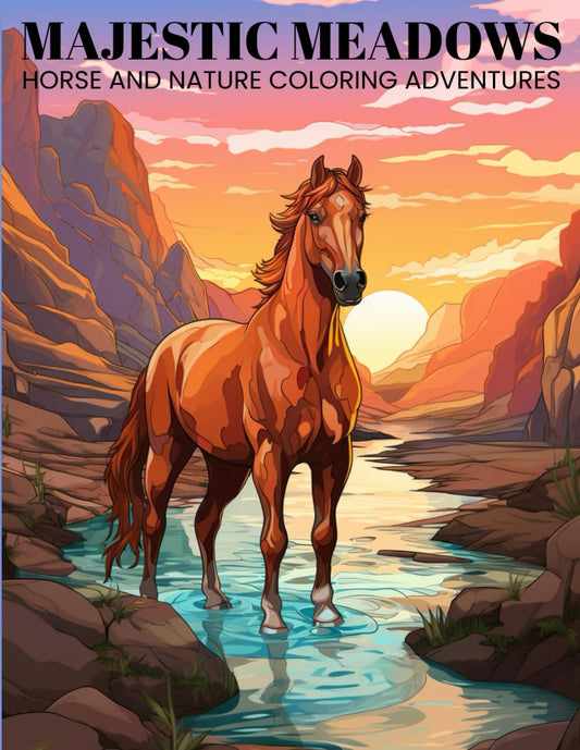 Horse Coloring Book: Majestic Meadows- Horse and Nature Coloring Adventures- Color Books, 100 Illustrations- Coloring Book for Kids and Teens- Horse Book for All Ages