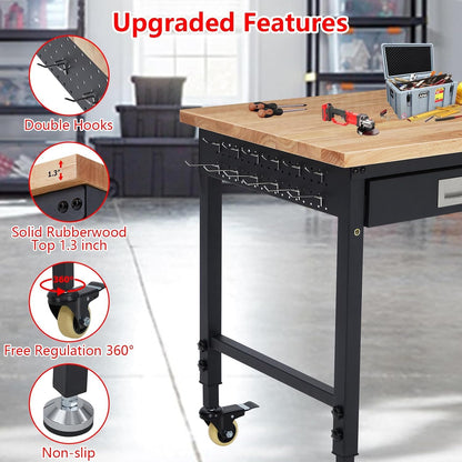 Workbench Adjustable Height 48" x 24" Worktable, Heavy Duty Rubber Wood Top Workbench with Drawer Storage, 2000 Lbs Load Capacity, Mobile Tool Storage Workstation with Power Outlets & Lockable Wheels