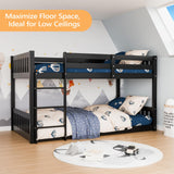 JOYMOR Solid Wood Low Twin Over Twin Bunk Bed for Kids/Junior, Bunk Bed Frame with Guardrails & Ladder for Boys Girls, No Box Spring Needed (Black) JOYMOR