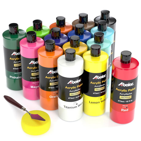 ABEIER Large Bulk Acrylic Paint Set, 15 Colors (473 ml/16 fl oz), Matte Finish, Rich Pigments, Non-Toxic Paints for Painting on Canvas Crafts Wood Ceramic, Ideal for Beginners and Students ABEIER