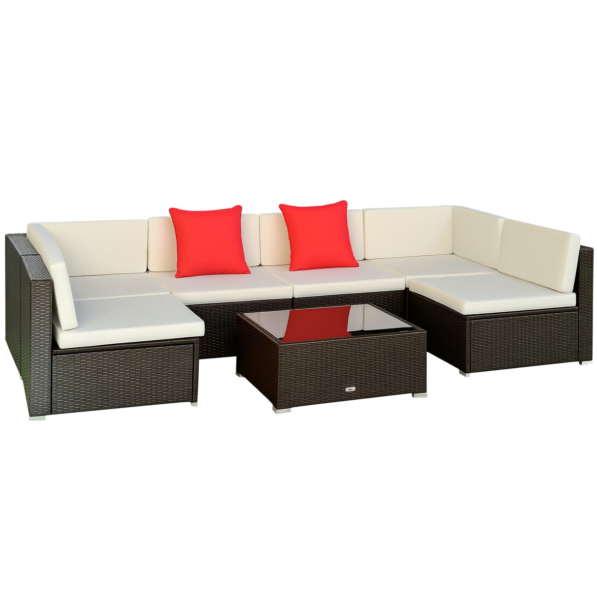 Outsunny 7 Piece Outdoor Patio Furniture Set, PE Rattan Wicker Sectional Sofa Set with Couch Cushions, Throw Pillows and Coffee Table, Orange, Cream Outsunny
