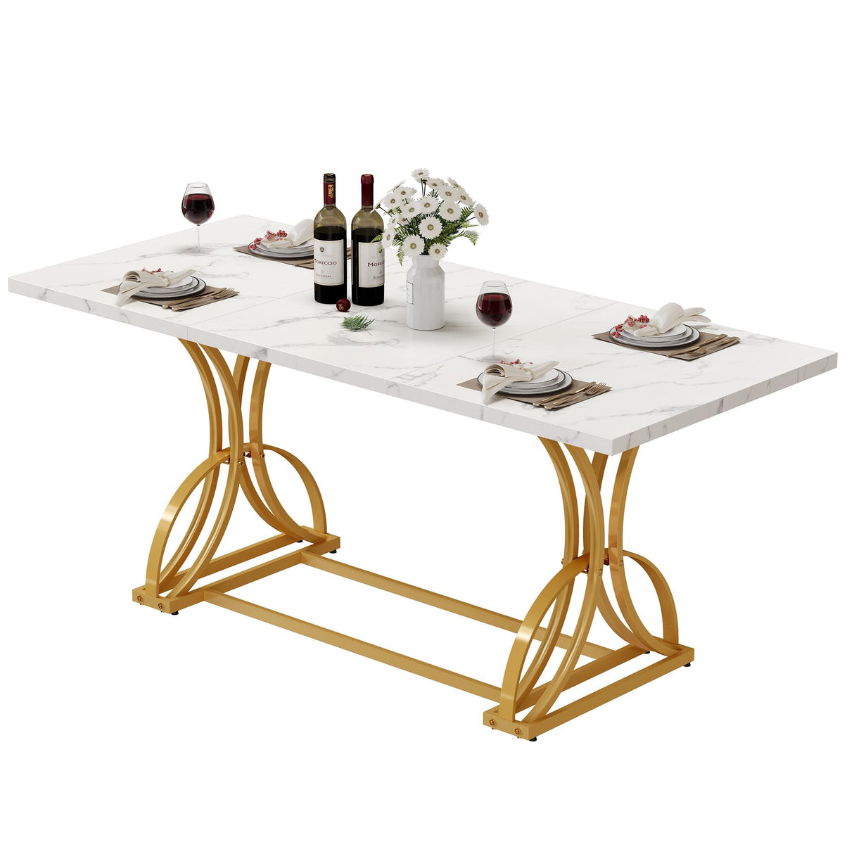 DWVO 70.3" Large Modern Dining Table for 6-8 People Rectangular White Kitchen Dining Room Table with Faux Marble Tabletop and Gold Geometric Metal Legs Farmhouse Wood Dinner Tables, White and Gold DWVO