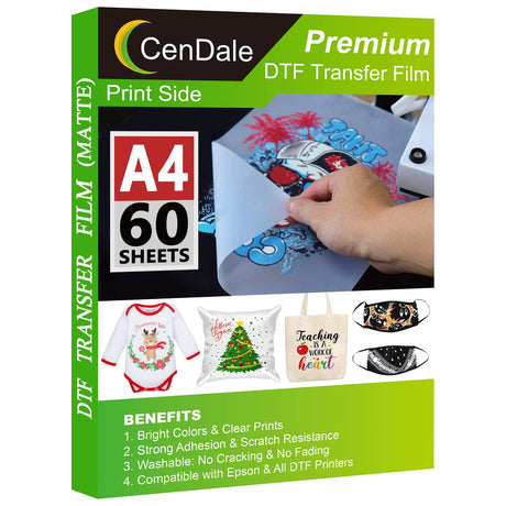CenDale DTF Transfer Film - A4(8.3" x 11.7") 60 Sheets Double-Sided Matte DTF Film for Sublimation Hack on Cotton, Direct to Film Printing on Dark and Light T-shirts, Hot & Cold Peel DTF Paper CenDale
