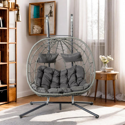 2 Person Double Egg Swing Chair with Stand Indoor Outdoor, Hammock Egg Chair Outdoor, Patio Wicker Hanging Egg Chair w/Cushion 700LBS Capacity for Bedroom, Balcony, Garden, Dark Grey