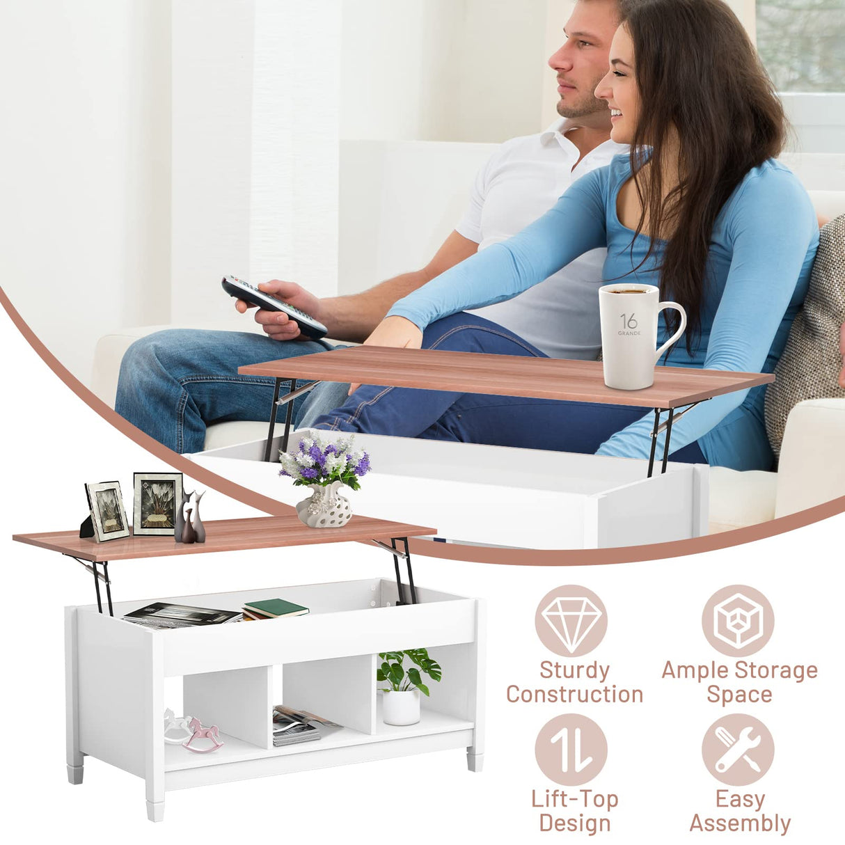 COSTWAY Lift Top Coffee Table, with Hidden Storage Compartment & 3 Open Shelves, Rectangular Cocktail Tea Table with Solid Wood Legs for Living Room Reception Room (White) COSTWAY