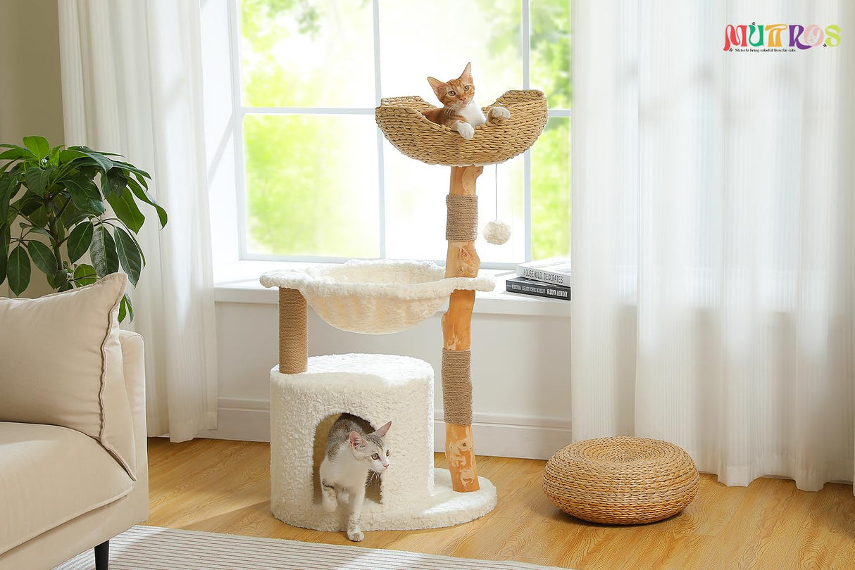 MUTTROS Modern Cat Tree for Large Cats, Wood Cat Tower for Indoor Cats, Real Branch Luxury Cat Furniture with Super Large Cozy Condo and Hammock & Scratching Post, Top Basket, White MUTTROS