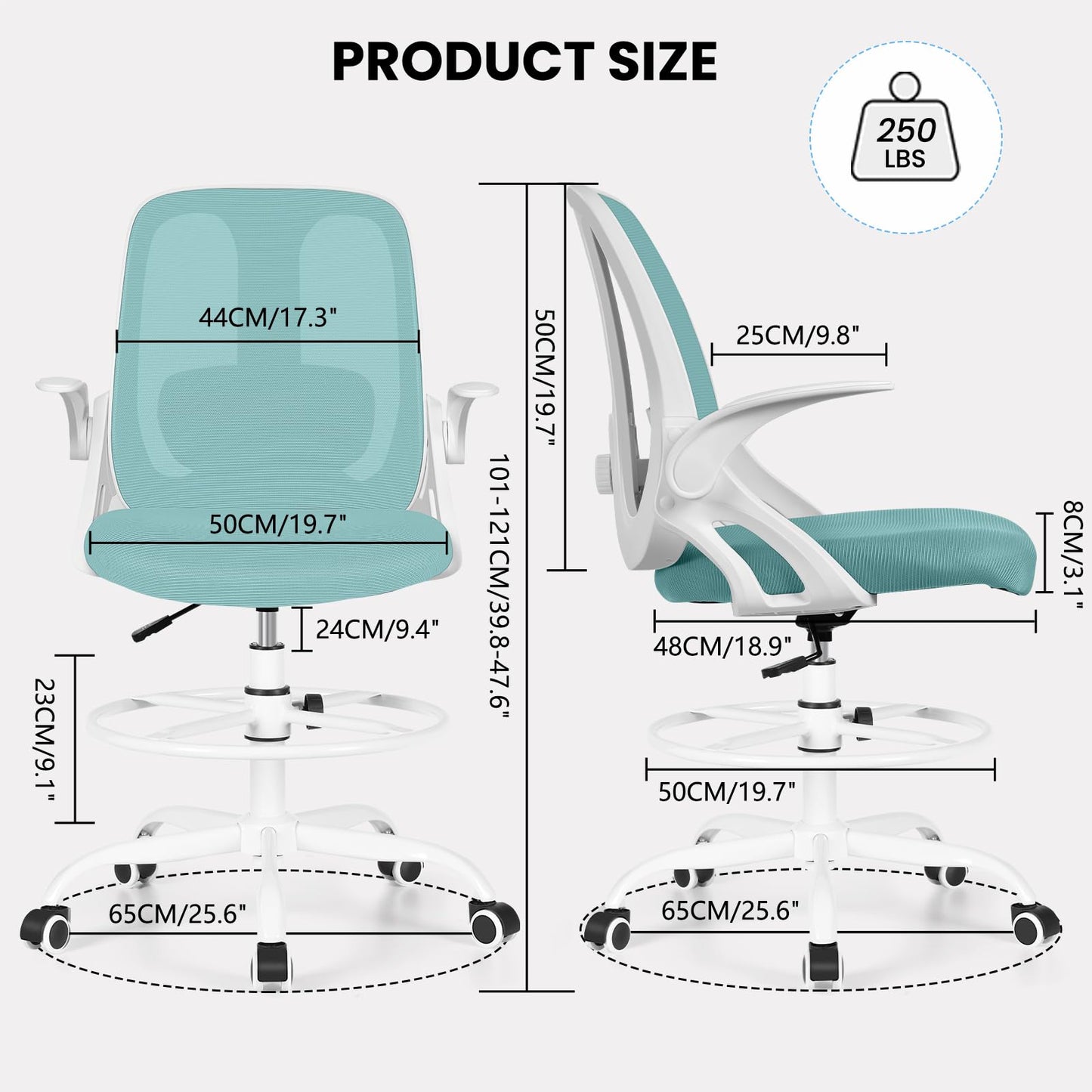 Razzor Drafting Chair Tall Ergonomic Office Chair with Adjustable Lumbar Support, Stand Stool High Office Desk with Footrest Ring, Executive Computer Chair with Flip Up Armrests - MintGreen