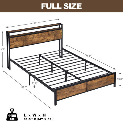 Industrial Full Bed Frame with LED Lights, USB Ports, and Under-Bed Storage in Brown - WoodArtSupply